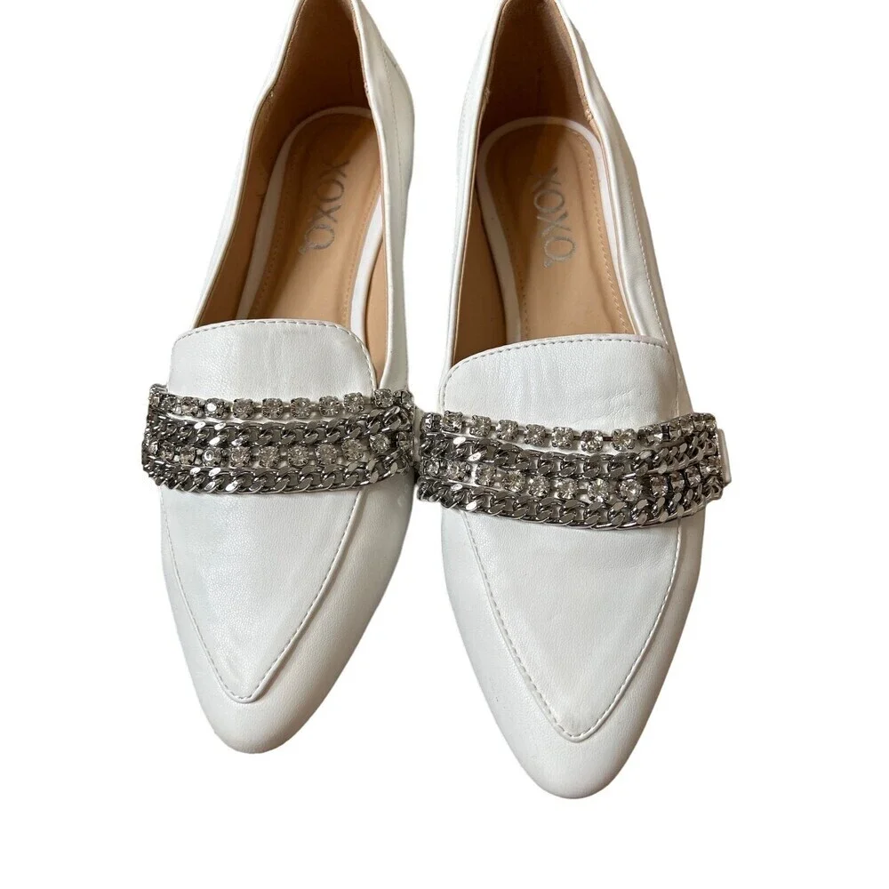 XOXO Vona Chain Loafers White oxford jeweled/rhinestone pointed toe slip on SZ 9
